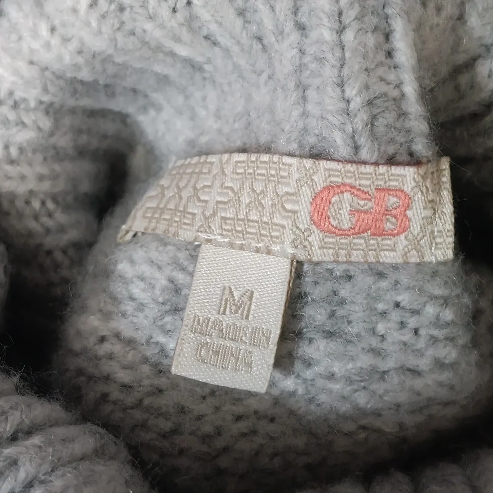G B Womens Gray Cable Knit Turtleneck Oversized Chunky  Sweater sz M Preppy
